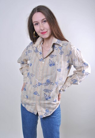 ABSTRACT PRINT 90S UNISEX STRIPED COTTON HOLIDAY SHIRT