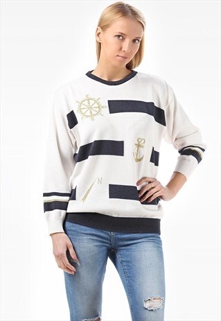 RETRO NAUTICAL JUMPER ANCHOR SWEATER STRIPED