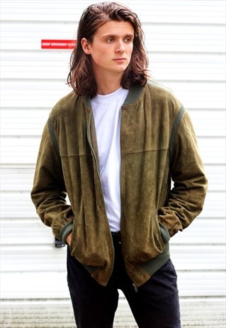 1980'S VINTAGE GREEN SUEDE BOMBER JACKET