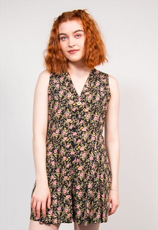 90'S VINTAGE BLACK FLORAL PATTERN SUMMER PLAYSUIT