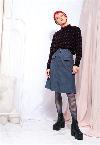 VINTAGE DENIM SKIRT 70S A-LINE HIGH-WAISTED MIDI SKIRT