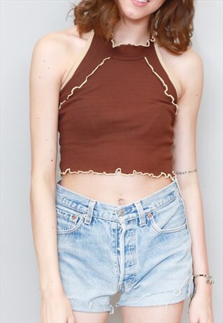 VINTAGE 1970'S TELSALDA BROWN RUFFLED HALTER CROP TOP
