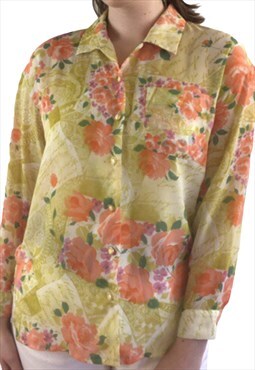 Vintage 90s yellow floral blouse button up long sleeve shirt