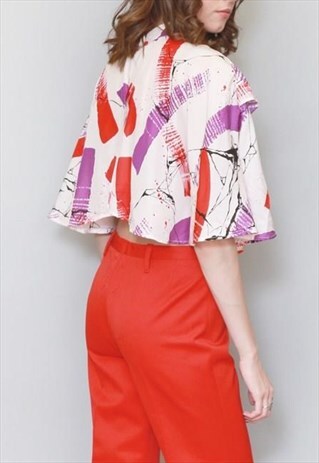 VINTAGE 1970'S ABSTRACT PRINT CROPPED CAPELET TOP