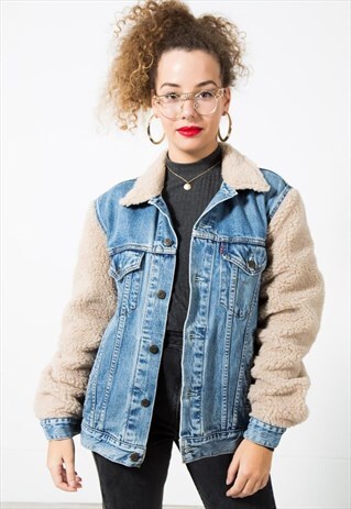 ON SALE VINTAGE 80S REWORKED SHEEPSKIN DENIM JACKET / 0041