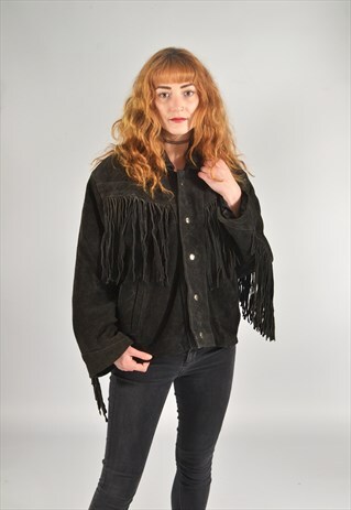 BLACK BUTTON UP SUEDE WESTERN COWBOY TASSELED FRINGE JACKET