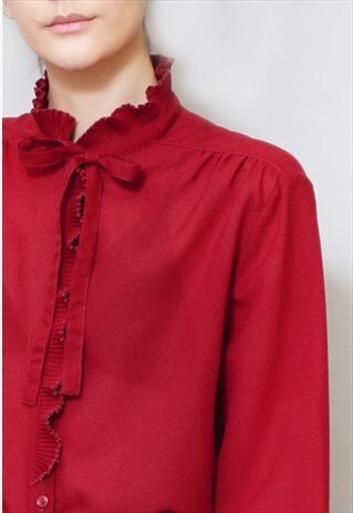 VINTAGE 1970'S PUSSY BOW DEEP RED RUFFLE BLOUSE