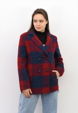 Wool Jacket Peacoat Double Breasted Check Plaid Blazer Coat