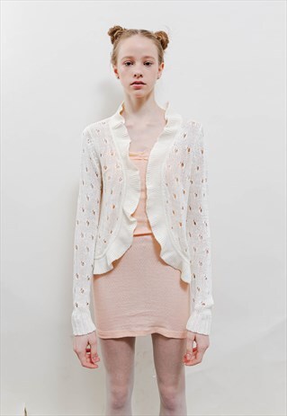VINTAGE 90S WHITE TEXTURED RUFFLE SHRUG KNIT CARDIGAN XS