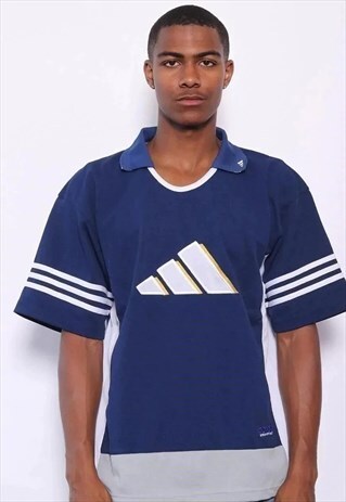 VINTAGE ADIDAS BIG LOGO COLLARED T-SHIRT NAVY BLUE