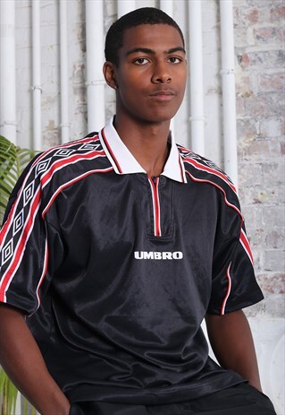 VINTAGE UMBRO TAPE LOGO 1/4 ZIP POLO SHIRT BLACK