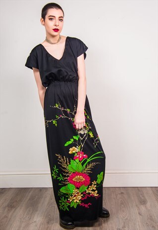 VINTAGE 70'S BLACK FLORAL PATTERN EMBELISHMENT MAXI DRESS