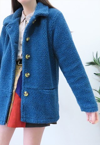 VINTAGE 90S RETRO BLUE TEDDY BEAR SHEARLING COAT JACKET