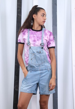 VINTAGE LIGHT BLUE DENIM SHORT DUNGAREES 90S OVERALLS.