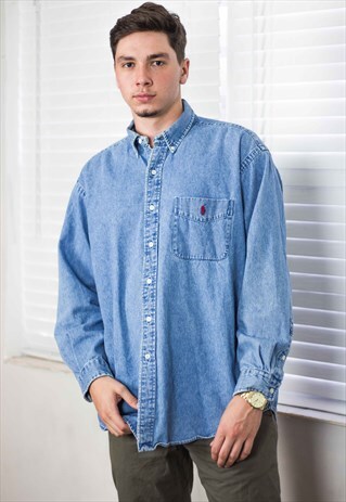 VINTAGE POLO RALPH LAUREN SHIRT DENIM LOGO 90S L 19.5