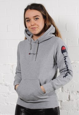 Vintage Champion Hoodie in Grey with Spell Out Logo Small