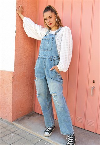 PALE WASH BLUE DENIM DISTRESSED DUNGAREES