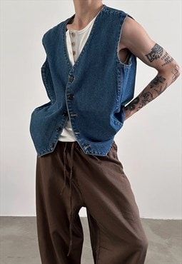 Men's French retro V-neck denim vest S Vol.3