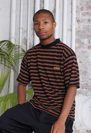 VINTAGE ADIDAS LOGO STIPED T-SHIRT BLACK RED YELLOW