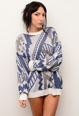 VINTAGE 90'S RETRO INDIE ABSTRACT PATTERNED SLOUCHY JUMPER