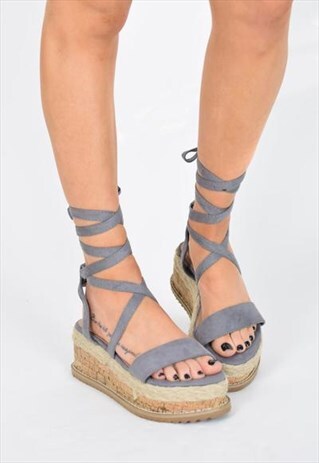 KICKIN' BACK TIE UP CORK ESPADRILLE WEDGES - GREY SUEDE