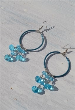 Deadstock blue/silver glass crystals beaded long earrings