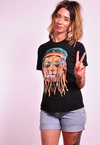 VINTAGE RASTA LION PRINT BLACK T-SHIRT