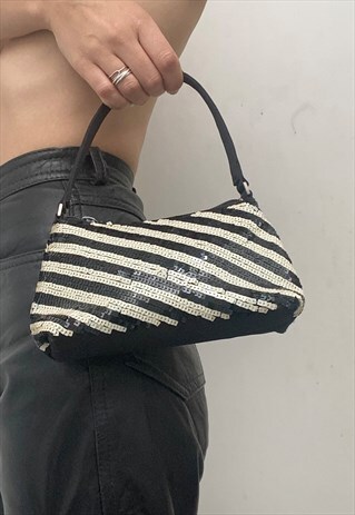 BLACK AND WHITE SEQUINNED 90S MINI HANDBAG