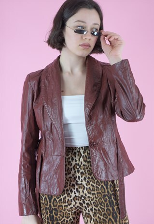 VINTAGE LEATHER JACKET TRENCH COAT IN RED BROWN WITH BELT