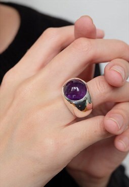 Natural Amethyst Cabochon Signet Statement Solid Ring 925 