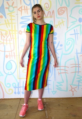DRESS VINTAGE 1970S STRIPED T-SHIRT MIDI RAINBOW SIZE 8 XS