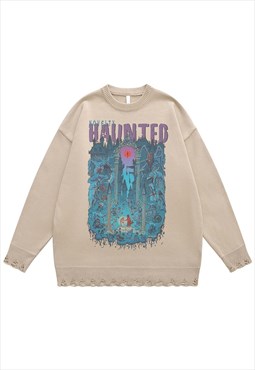 Creepy sweater haunted jumper ripped knitted top in beige