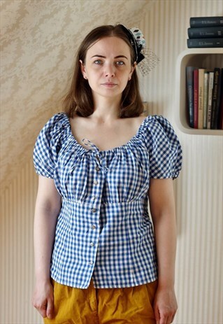 BLUE AND WHITE CHECKED BLOUSE TOP
