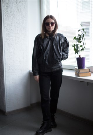 VINTAGE 80'S BLACK SOFT LEATHER BOMBER JACKET