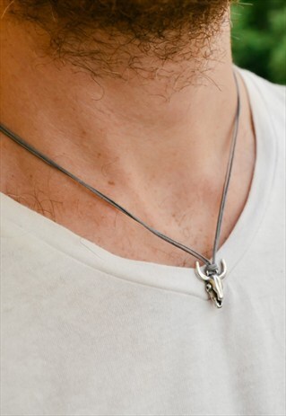 MEN NECKLACE SILVER PLATED BULL HEAD NECKLACE, GRAY CORD