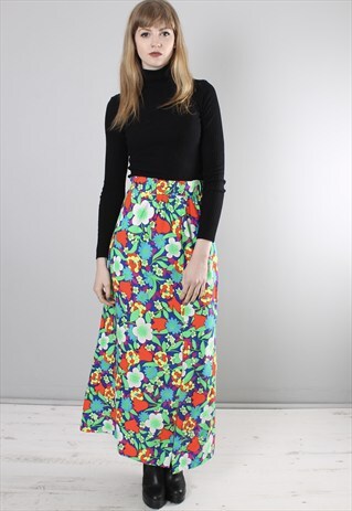VINTAGE 70S NEON FLORAL PATTERNED LONG SLIT SKIRT