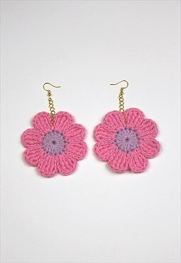 Giant Pink & Lilac Crochet Daisy Drop Earrings