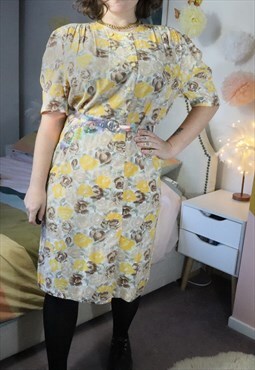 Vintage 50s Yellow Floral Flowery Flower Double Breast Dress