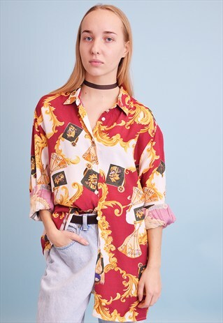 90'S RETRO ABSTRACT PRINT OVERSIZED SHIRT BLOUSE TOP