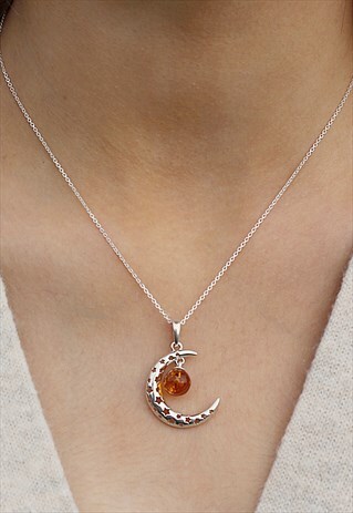STERLING SILVER CRESCENT MOON AND STARS AMBER NECKLACE