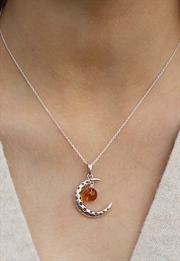 Sterling Silver Crescent Moon and Stars Amber Necklace