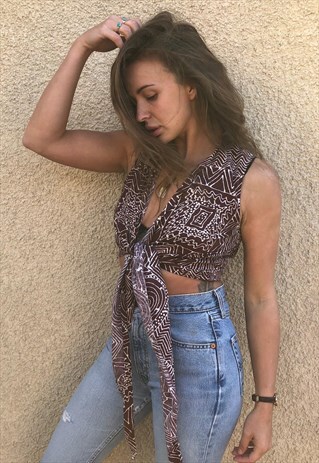 PATTERNED CROPPED TIE-UP RETRO VINTAGE FESTIVAL SHIRT