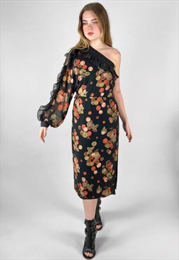 Aristos 70's Vintage One Shoulder Black Floral Midi Dress