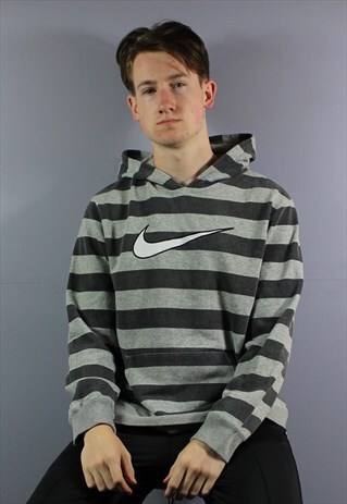 VINTAGE NIKE HOODIE IN GREY STRIPES WITH EMBROIDERED CENTRE