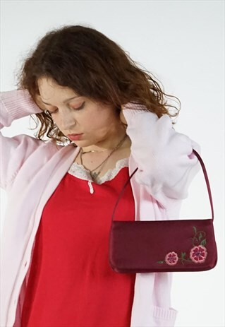 VINTAGE 90S RED SATIN FLORAL HANDBAG PURSE