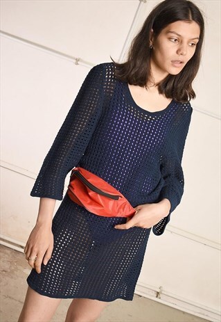 80'S RETRO NAVY BLUE SHEER FESTIVAL MINI DRESS IN CROCHET