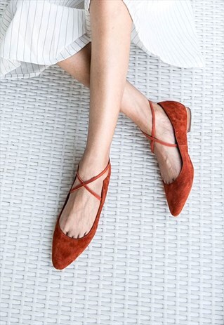 SUEDE LEATHER FLATS WITH ANKLE STRAP IN ORANGE