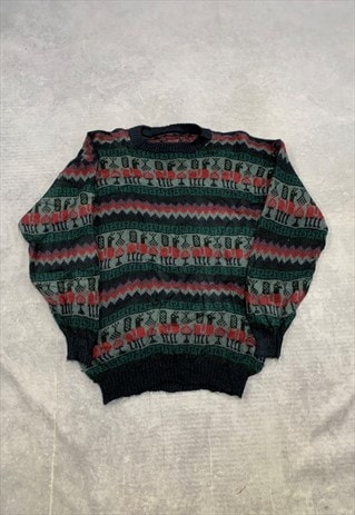 VINTAGE KNITTED JUMPER ABSTRACT LLAMA PATTERNED KNIT SWEATER
