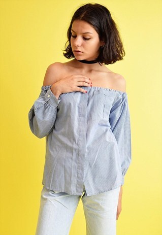 VINTAGE 90'S CUSTOMIZED OFF-SHOULDER STRIPED SHIRT BLOUSE