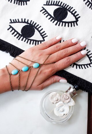 ANTIQUE GOLD TURQUOISE BEADED CHAIN RING HAND BRACELET